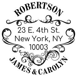 Custom self-inking address stamp with art text and accents.