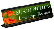 Full color name plates suitable for logos, graphics or photos with an attractive display stand.